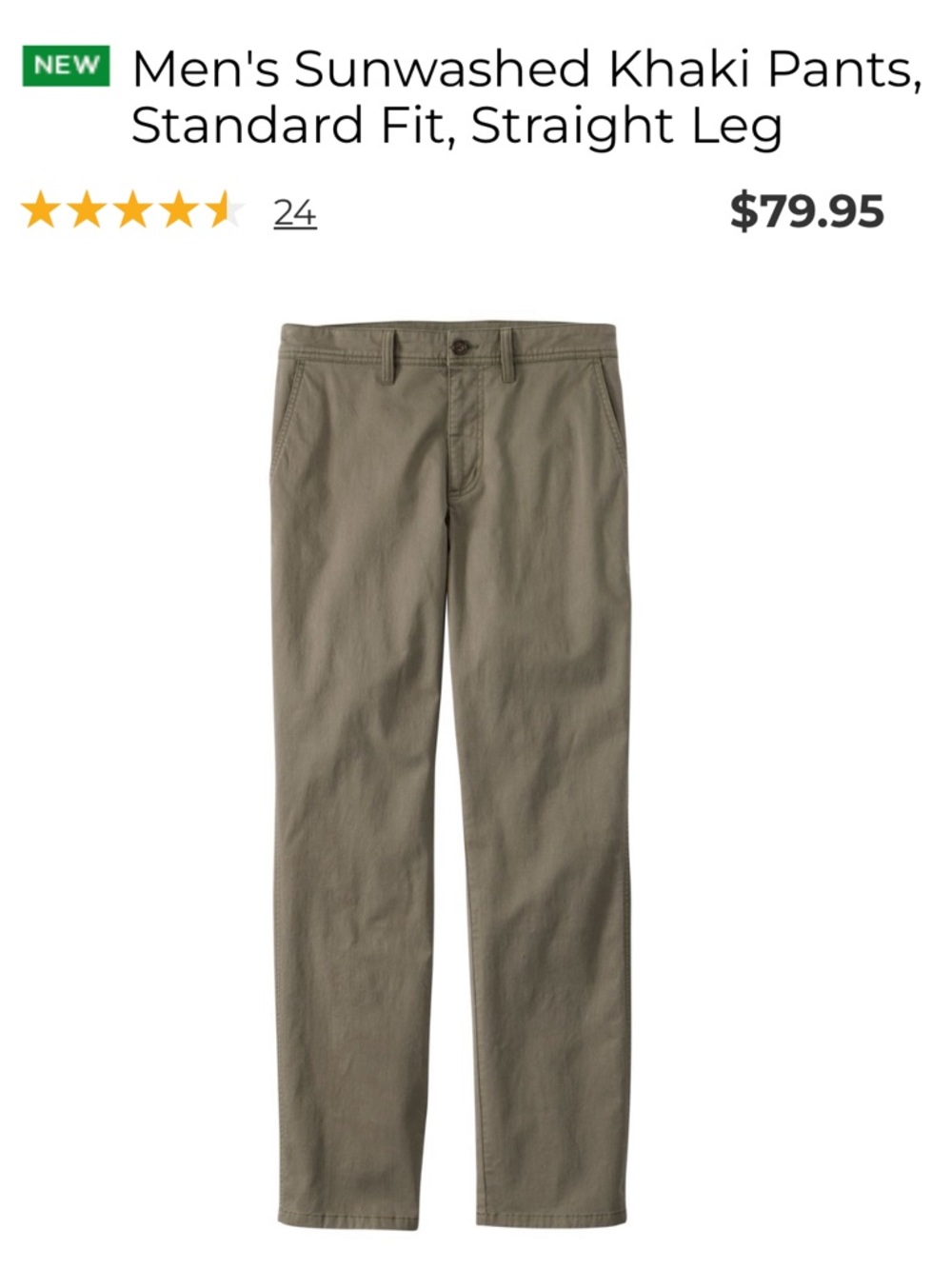 LL bean SS’26 Sunwashed Khaki Pants, Standard Fit, Straight Leg - retail 80